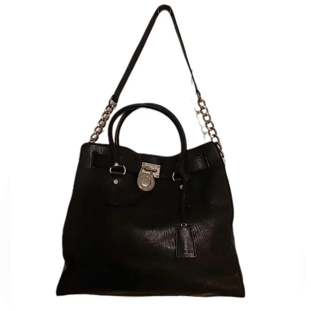 Michael Kors Black Saffiano Leather Hamilton Satchel Tote w/chain strap EUC